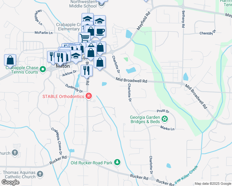 map of restaurants, bars, coffee shops, grocery stores, and more near 12490 Charlotte Drive in Alpharetta