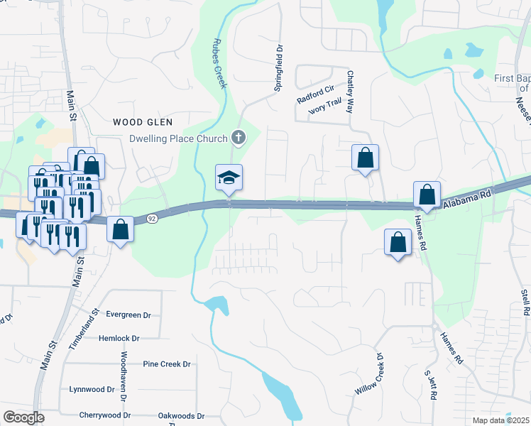 map of restaurants, bars, coffee shops, grocery stores, and more near 120 Maple Creek Way in Woodstock