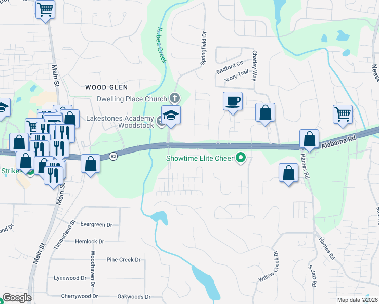 map of restaurants, bars, coffee shops, grocery stores, and more near 132 Maple Creek Way in Woodstock