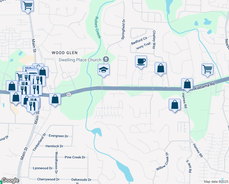 map of restaurants, bars, coffee shops, grocery stores, and more near 130 Maple Creek Way in Woodstock