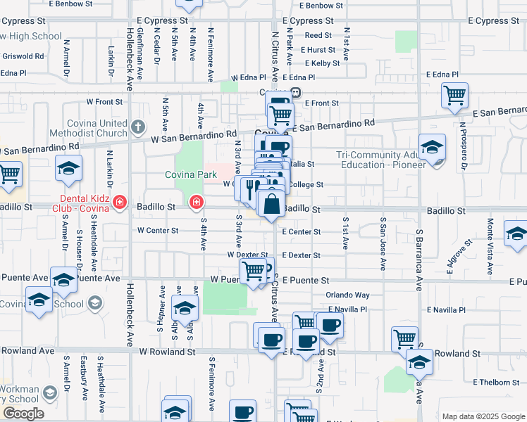 map of restaurants, bars, coffee shops, grocery stores, and more near 118 East Badillo Street in Covina