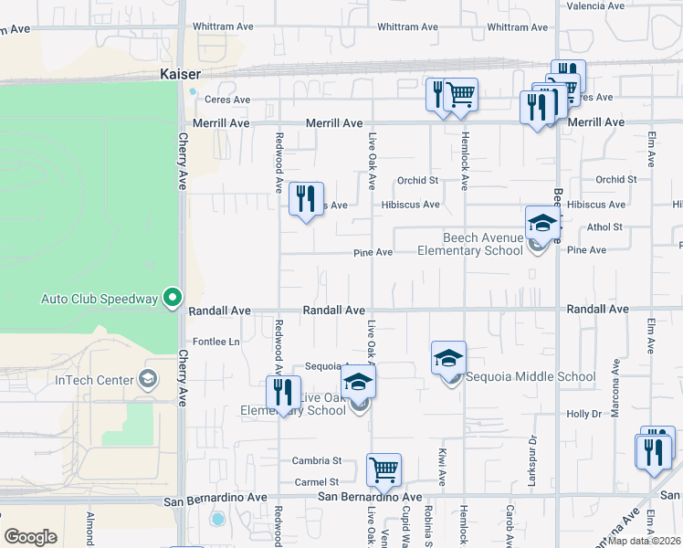 map of restaurants, bars, coffee shops, grocery stores, and more near 9226 Cattail Lane in Fontana