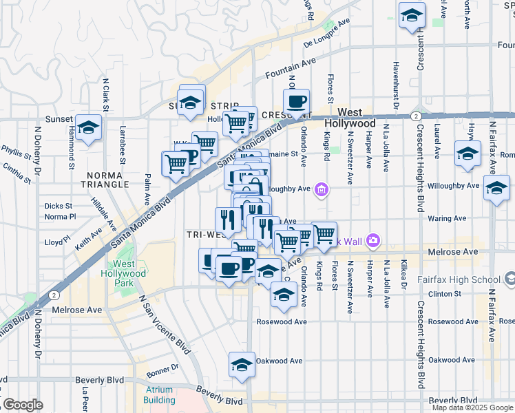 map of restaurants, bars, coffee shops, grocery stores, and more near 821 North Alfred Street in Los Angeles