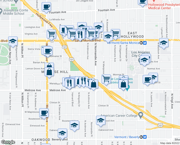 map of restaurants, bars, coffee shops, grocery stores, and more near 842 North Ardmore Avenue in Los Angeles