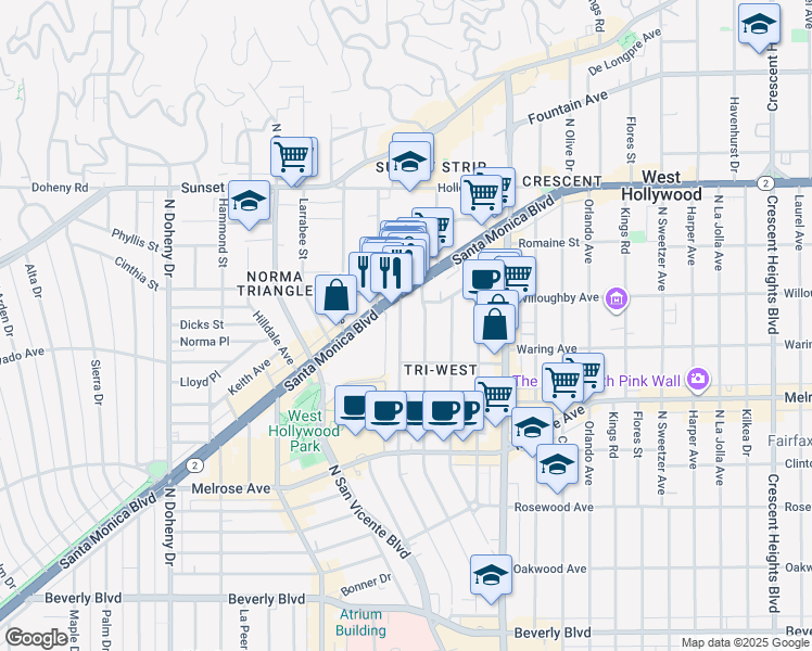 map of restaurants, bars, coffee shops, grocery stores, and more near 833 Westbourne Drive in West Hollywood