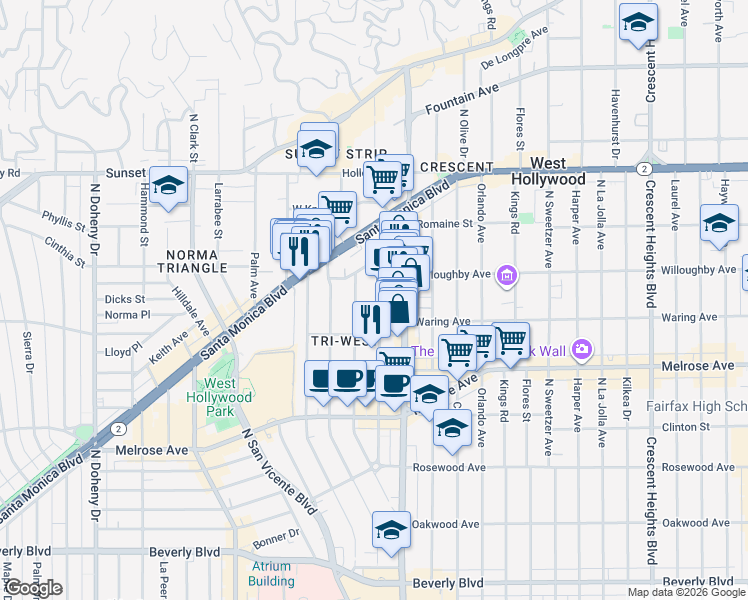 map of restaurants, bars, coffee shops, grocery stores, and more near 837 North West Knoll Drive in West Hollywood