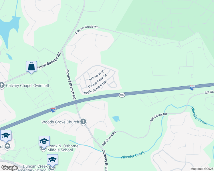 map of restaurants, bars, coffee shops, grocery stores, and more near 2025 Black Pebble Circle in Buford
