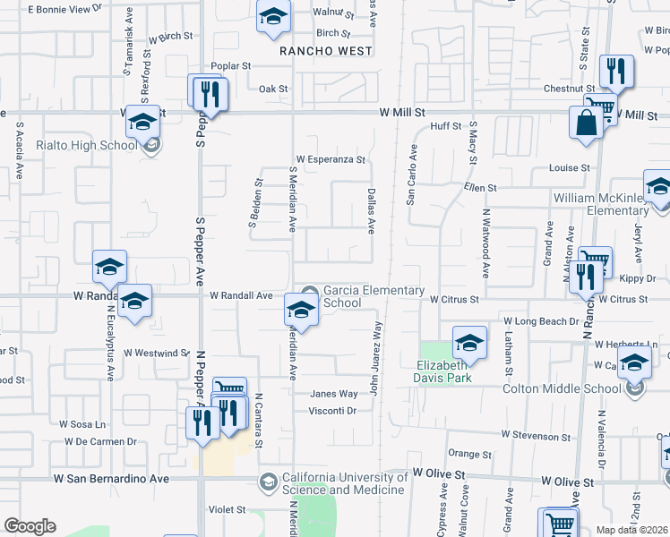 map of restaurants, bars, coffee shops, grocery stores, and more near 2605 Los Robles Avenue in San Bernardino
