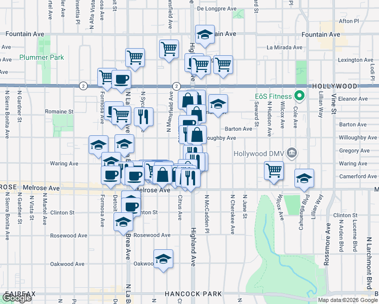 map of restaurants, bars, coffee shops, grocery stores, and more near 822 North Citrus Avenue in Los Angeles