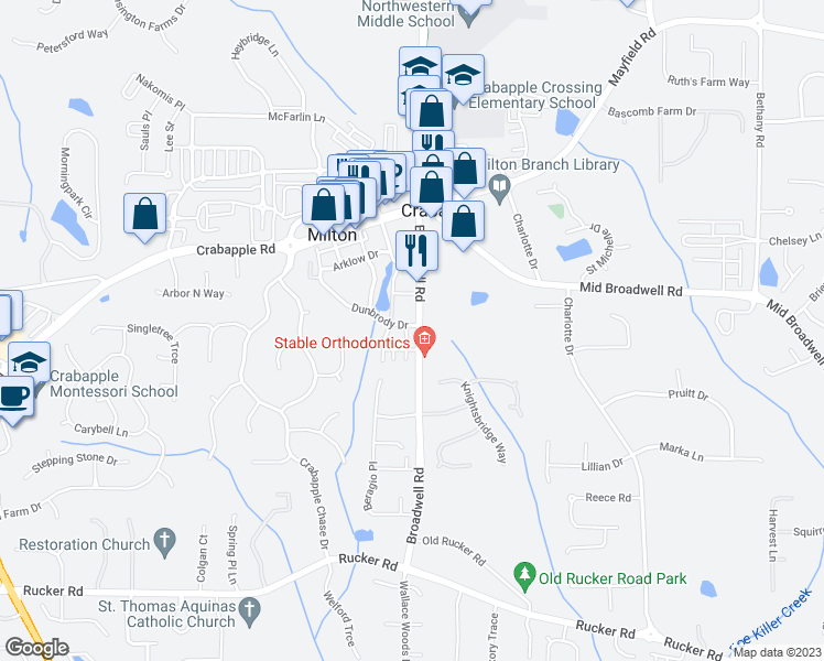 map of restaurants, bars, coffee shops, grocery stores, and more near 12474 Broadwell Road in Milton