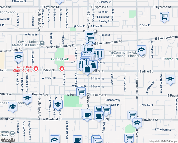 map of restaurants, bars, coffee shops, grocery stores, and more near 102 East Badillo Street in Covina