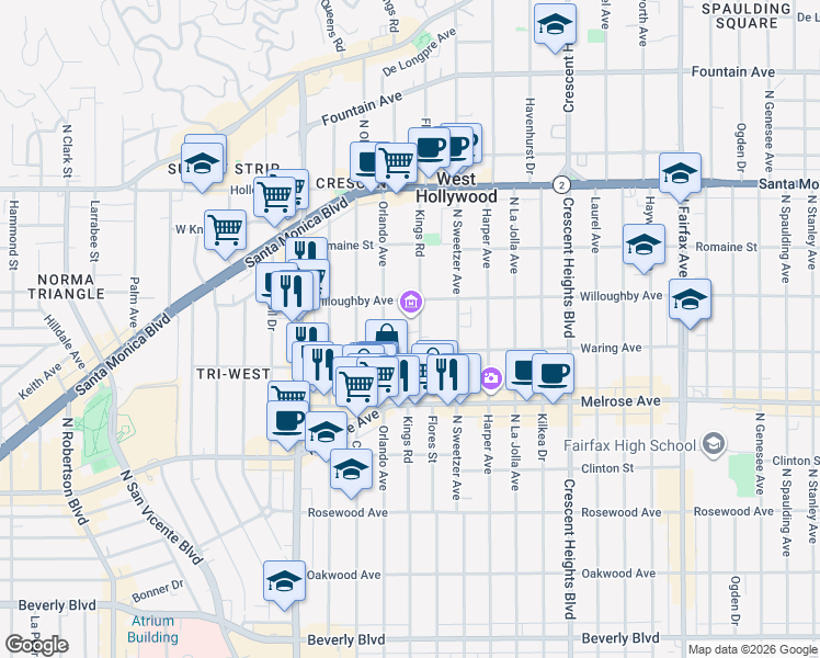 map of restaurants, bars, coffee shops, grocery stores, and more near 825 Kings Road in West Hollywood