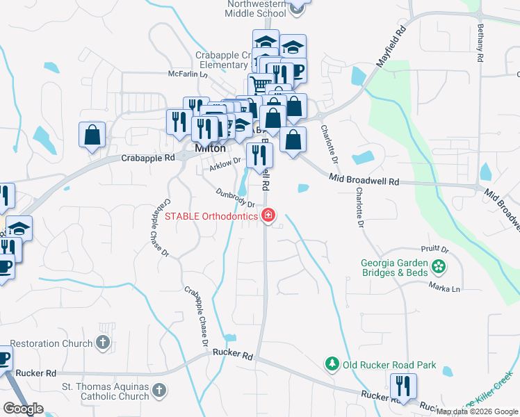 map of restaurants, bars, coffee shops, grocery stores, and more near 12474 Broadwell Road in Milton