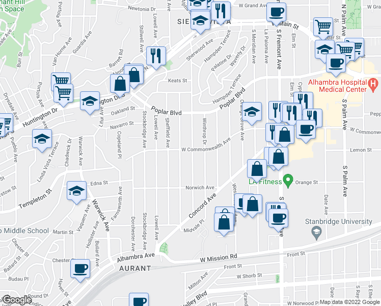 map of restaurants, bars, coffee shops, grocery stores, and more near 3200 West Commonwealth Avenue in Alhambra
