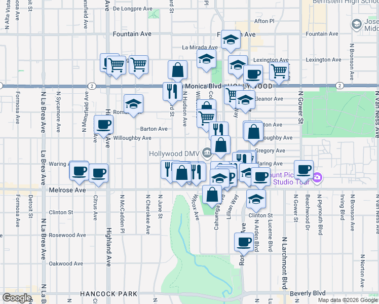 map of restaurants, bars, coffee shops, grocery stores, and more near 816 North Hudson Avenue in Los Angeles