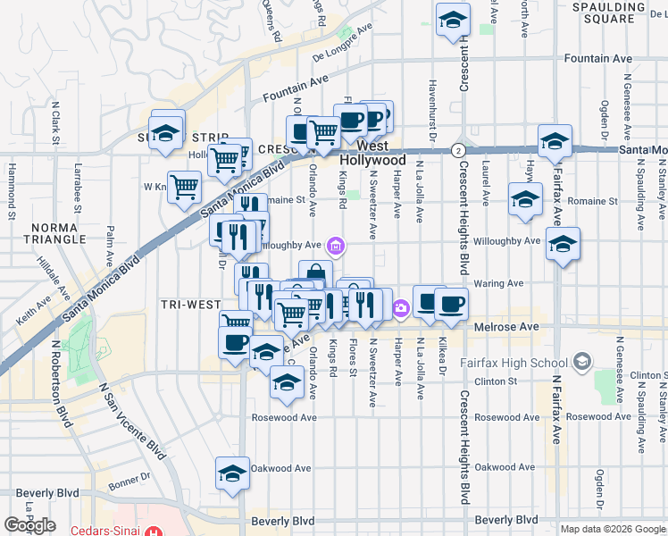 map of restaurants, bars, coffee shops, grocery stores, and more near 825 Kings Road in West Hollywood