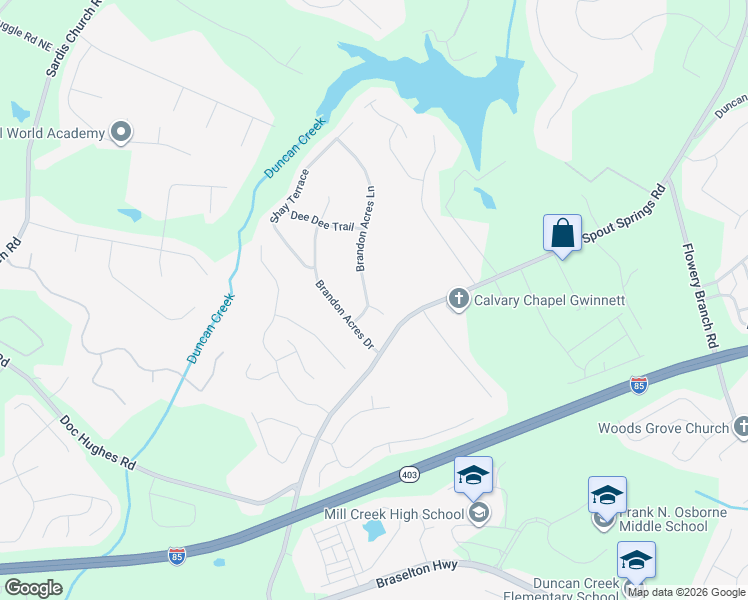 map of restaurants, bars, coffee shops, grocery stores, and more near 2129 Shay Court in Buford