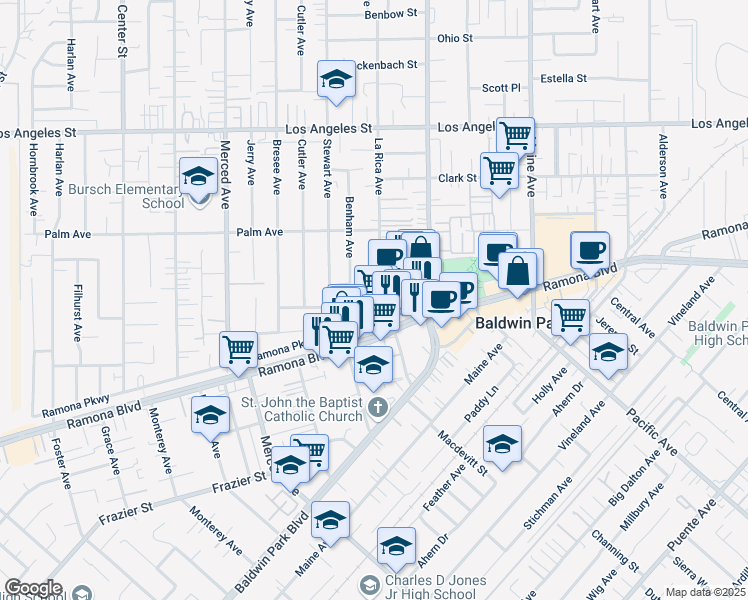 map of restaurants, bars, coffee shops, grocery stores, and more near 4031 La Rica Avenue in Baldwin Park
