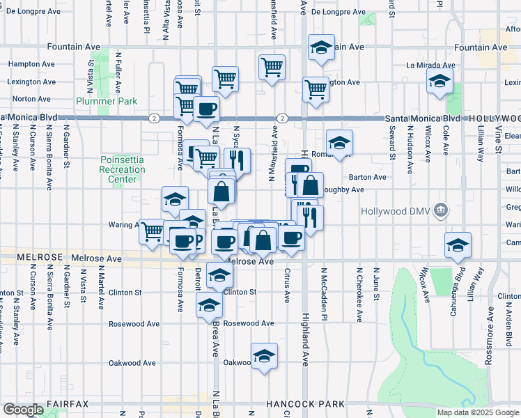 map of restaurants, bars, coffee shops, grocery stores, and more near 830 North Orange Drive in Los Angeles
