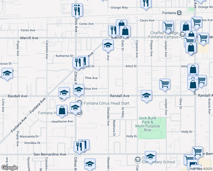 map of restaurants, bars, coffee shops, grocery stores, and more near 9233 Oleander Avenue in Fontana