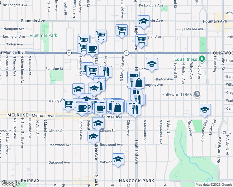 map of restaurants, bars, coffee shops, grocery stores, and more near 830 North Orange Drive in Los Angeles