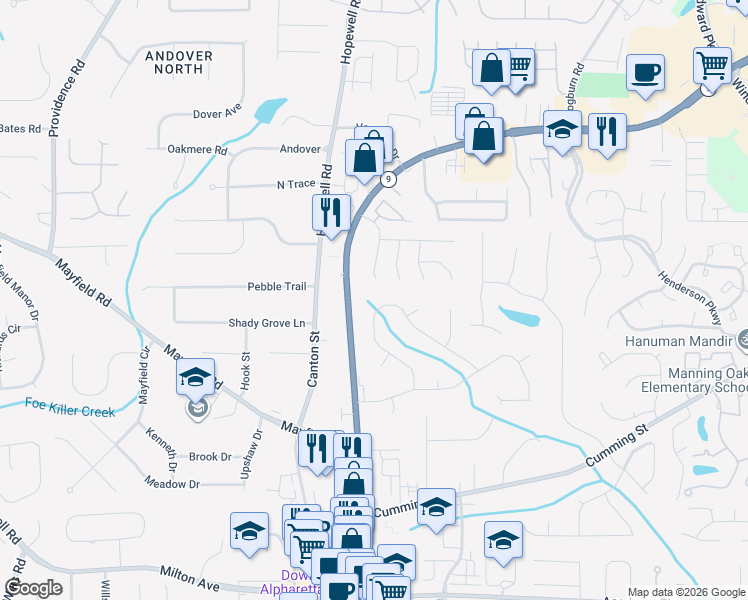 map of restaurants, bars, coffee shops, grocery stores, and more near 1900 North Creek Circle in Alpharetta