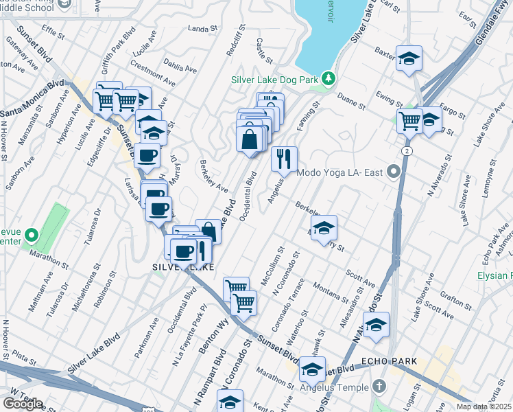 map of restaurants, bars, coffee shops, grocery stores, and more near 1525 Silverwood Terrace in Los Angeles