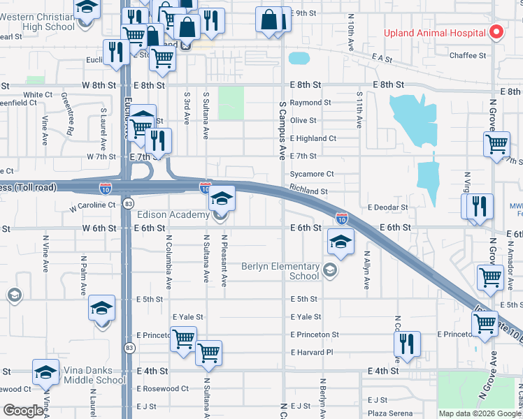 map of restaurants, bars, coffee shops, grocery stores, and more near 1529 North Miramonte Avenue in Ontario
