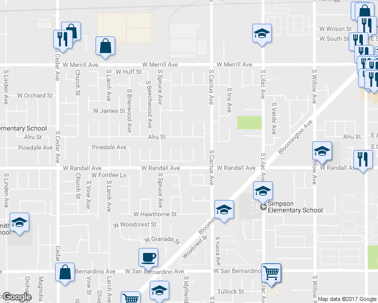 map of restaurants, bars, coffee shops, grocery stores, and more near 840 South Brampton Avenue in Rialto