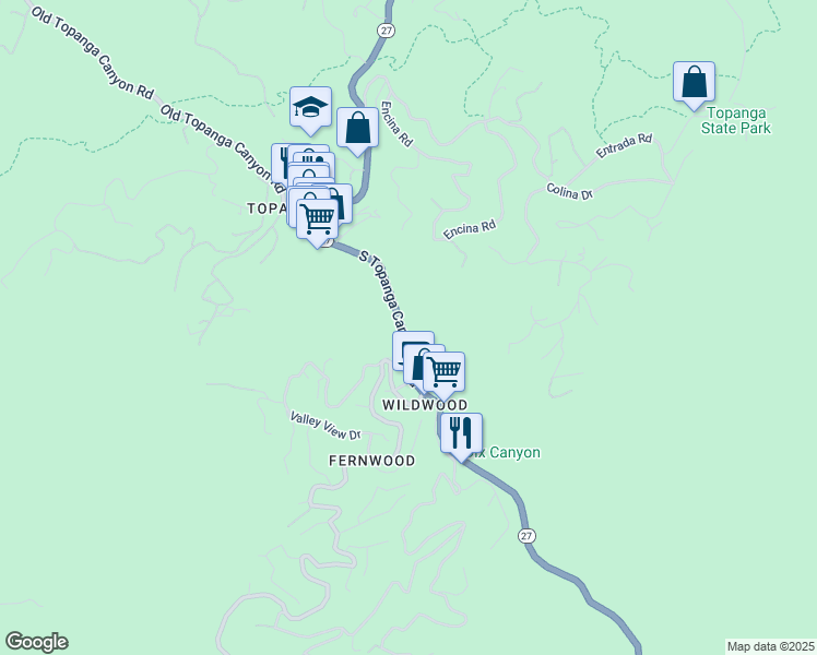 map of restaurants, bars, coffee shops, grocery stores, and more near 300 South Topanga Canyon Boulevard in Topanga