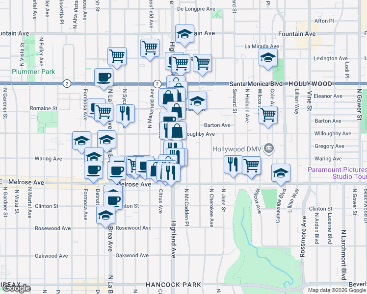 map of restaurants, bars, coffee shops, grocery stores, and more near 821 North McCadden Place in Los Angeles