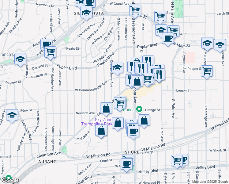 map of restaurants, bars, coffee shops, grocery stores, and more near 652 Orange Grove Avenue in Alhambra