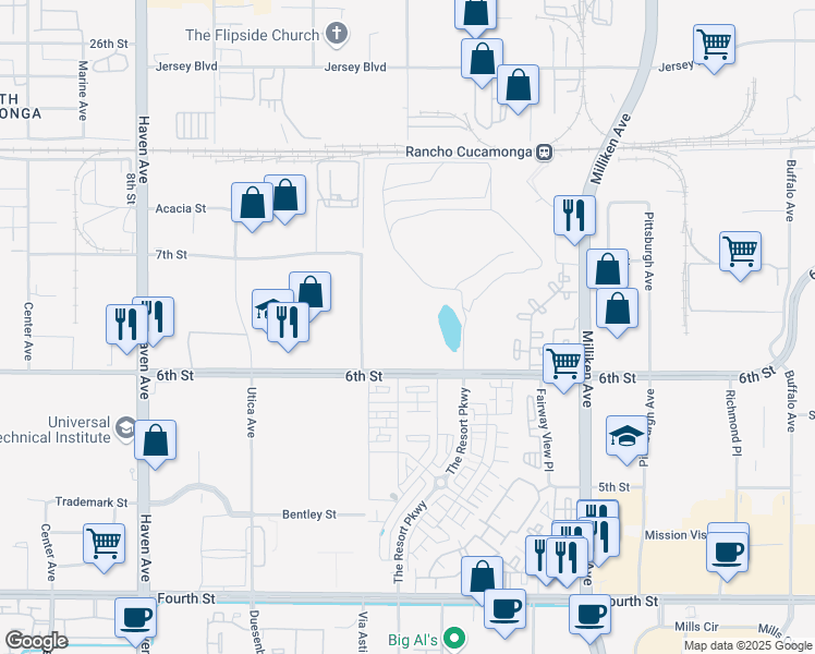 map of restaurants, bars, coffee shops, grocery stores, and more near 9199 Cleveland Avenue in Rancho Cucamonga