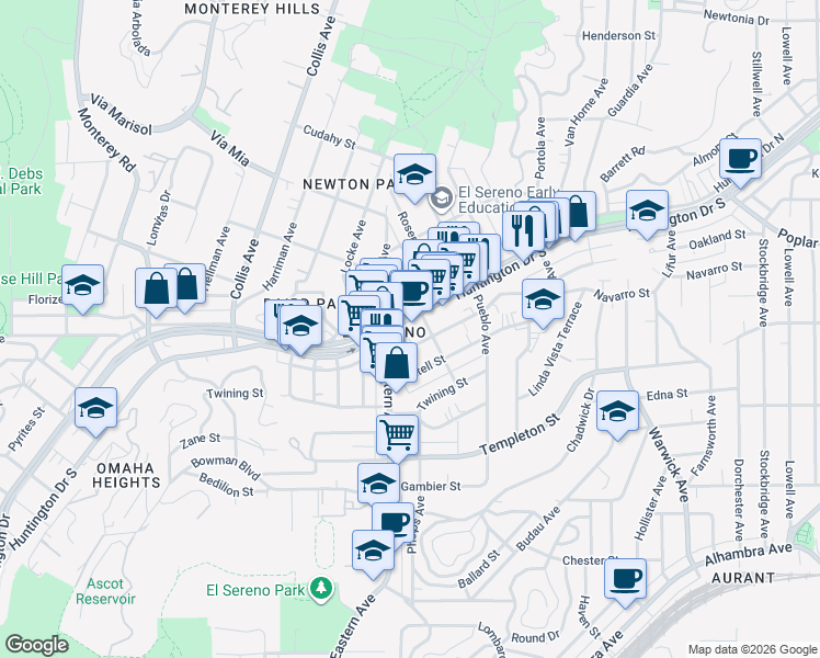 map of restaurants, bars, coffee shops, grocery stores, and more near 4880 Huntington Drive South in Los Angeles