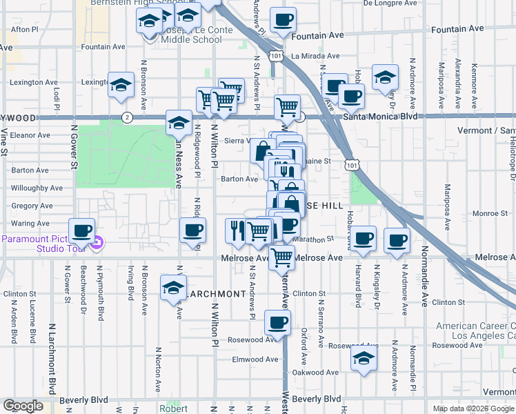 map of restaurants, bars, coffee shops, grocery stores, and more near 5347 Monroe Street in Los Angeles