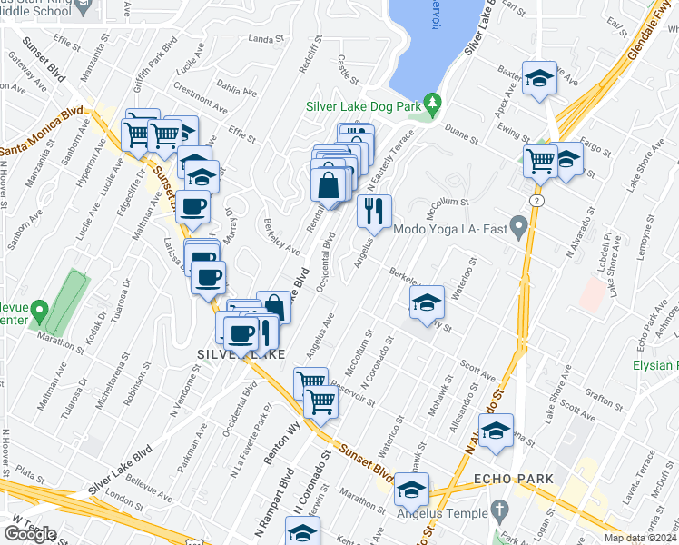map of restaurants, bars, coffee shops, grocery stores, and more near 1525 Silverwood Terrace in Los Angeles