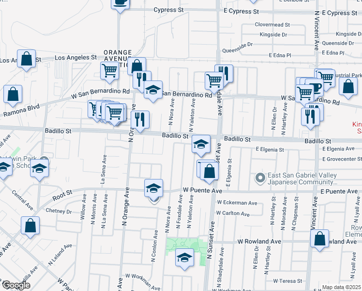 map of restaurants, bars, coffee shops, grocery stores, and more near 829 North Foxdale Avenue in West Covina