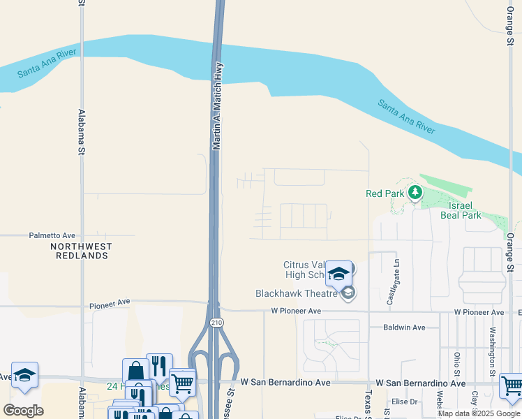 map of restaurants, bars, coffee shops, grocery stores, and more near 2091 Bergamot Street in Redlands