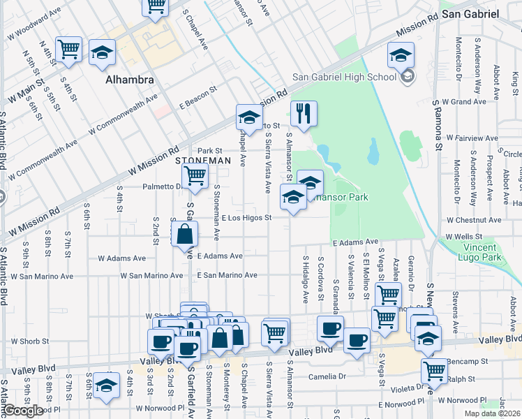 map of restaurants, bars, coffee shops, grocery stores, and more near 837 South Sierra Vista Avenue in Alhambra