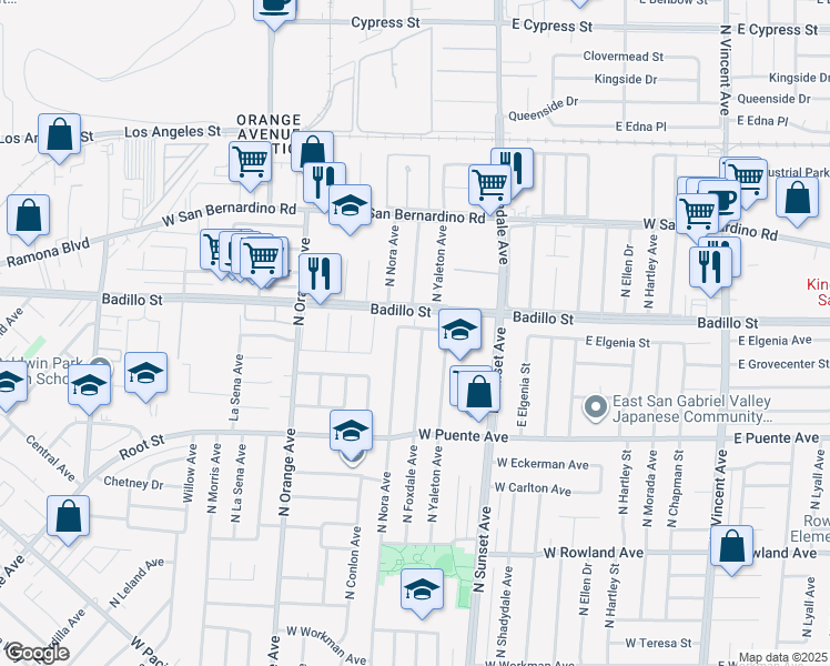 map of restaurants, bars, coffee shops, grocery stores, and more near 829 North Foxdale Avenue in West Covina