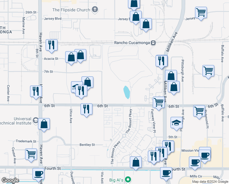 map of restaurants, bars, coffee shops, grocery stores, and more near 9199 Cleveland Avenue in Rancho Cucamonga