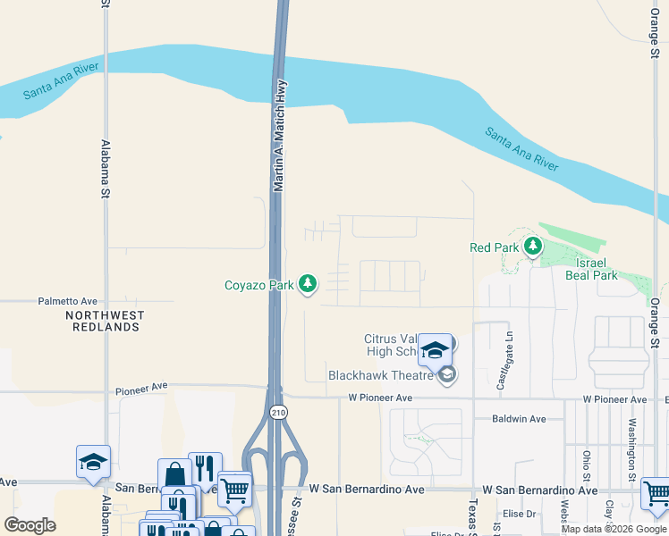 map of restaurants, bars, coffee shops, grocery stores, and more near 2091 Bergamot Street in Redlands