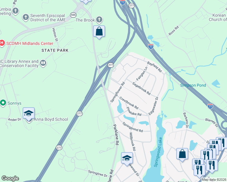 map of restaurants, bars, coffee shops, grocery stores, and more near 7710 Crestbrook Road in Columbia