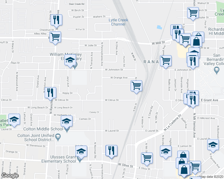 map of restaurants, bars, coffee shops, grocery stores, and more near 331 West Citrus Street in Colton