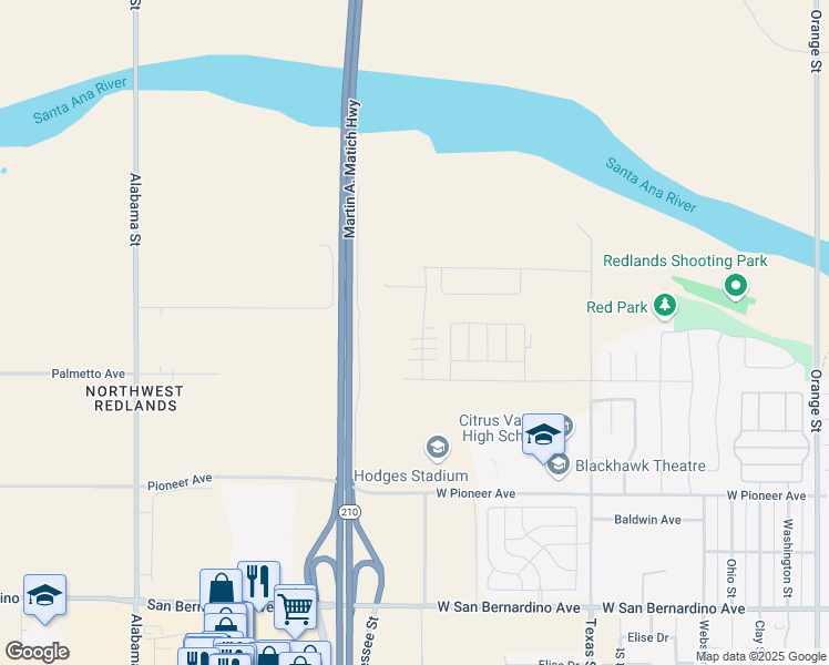 map of restaurants, bars, coffee shops, grocery stores, and more near 2093 Bergamot Street in Redlands