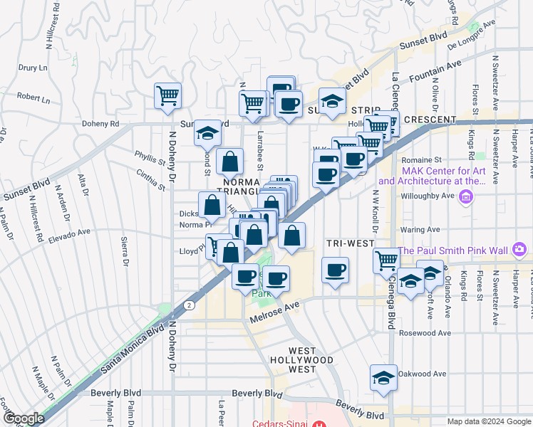 map of restaurants, bars, coffee shops, grocery stores, and more near 829 Larrabee Street in West Hollywood