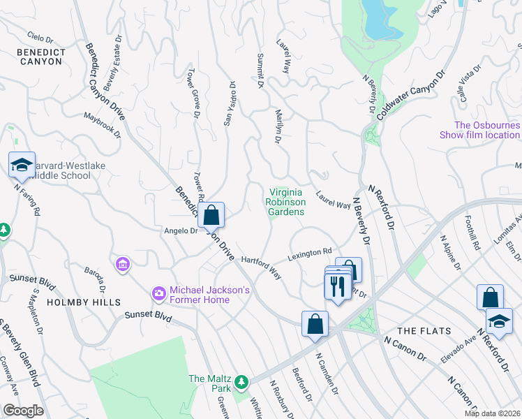 map of restaurants, bars, coffee shops, grocery stores, and more near 1031 Cove Way in Beverly Hills