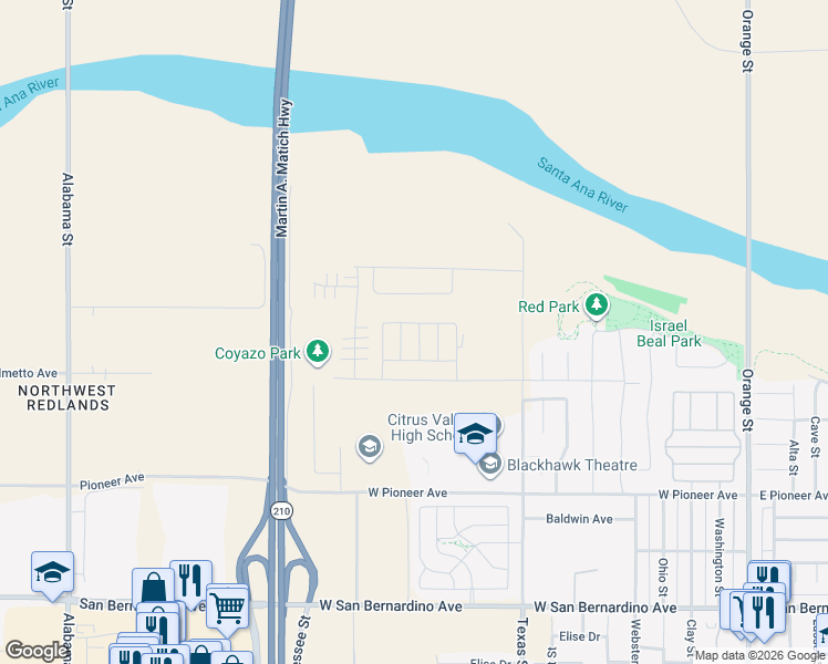 map of restaurants, bars, coffee shops, grocery stores, and more near 2083 Meyer Lane in Redlands