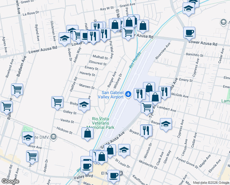 map of restaurants, bars, coffee shops, grocery stores, and more near 4508 Whitney Drive in El Monte