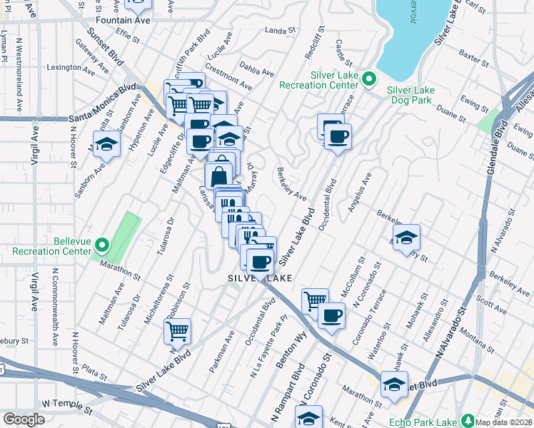 map of restaurants, bars, coffee shops, grocery stores, and more near 1659 Elevado Street in Los Angeles